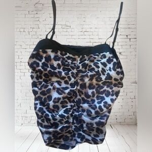 Brown Cheetah Print Scrunch Tank Top Womens Size Small Adjustable Straps